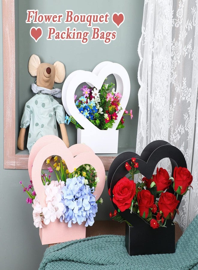 PerKoop 30 Pcs Kraft Paper Flower Box for Arrangement Bouquet Flower Gift Bags with Handle Waterproof Packaging Floral Wrap Wedding Mother's Day Birthday Party, Black, White, Pink(Heart) - Image 5